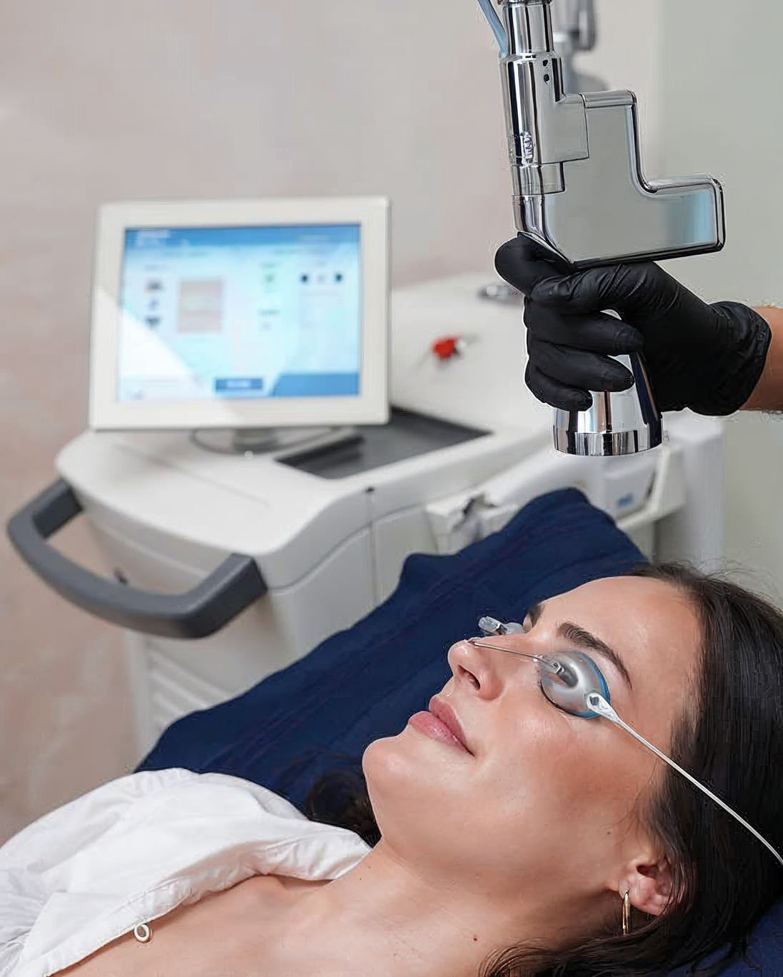 Woman wearing protective eyewear as a clinician holds a laser handpiece above her face for a NanoLaserPeel treatment.